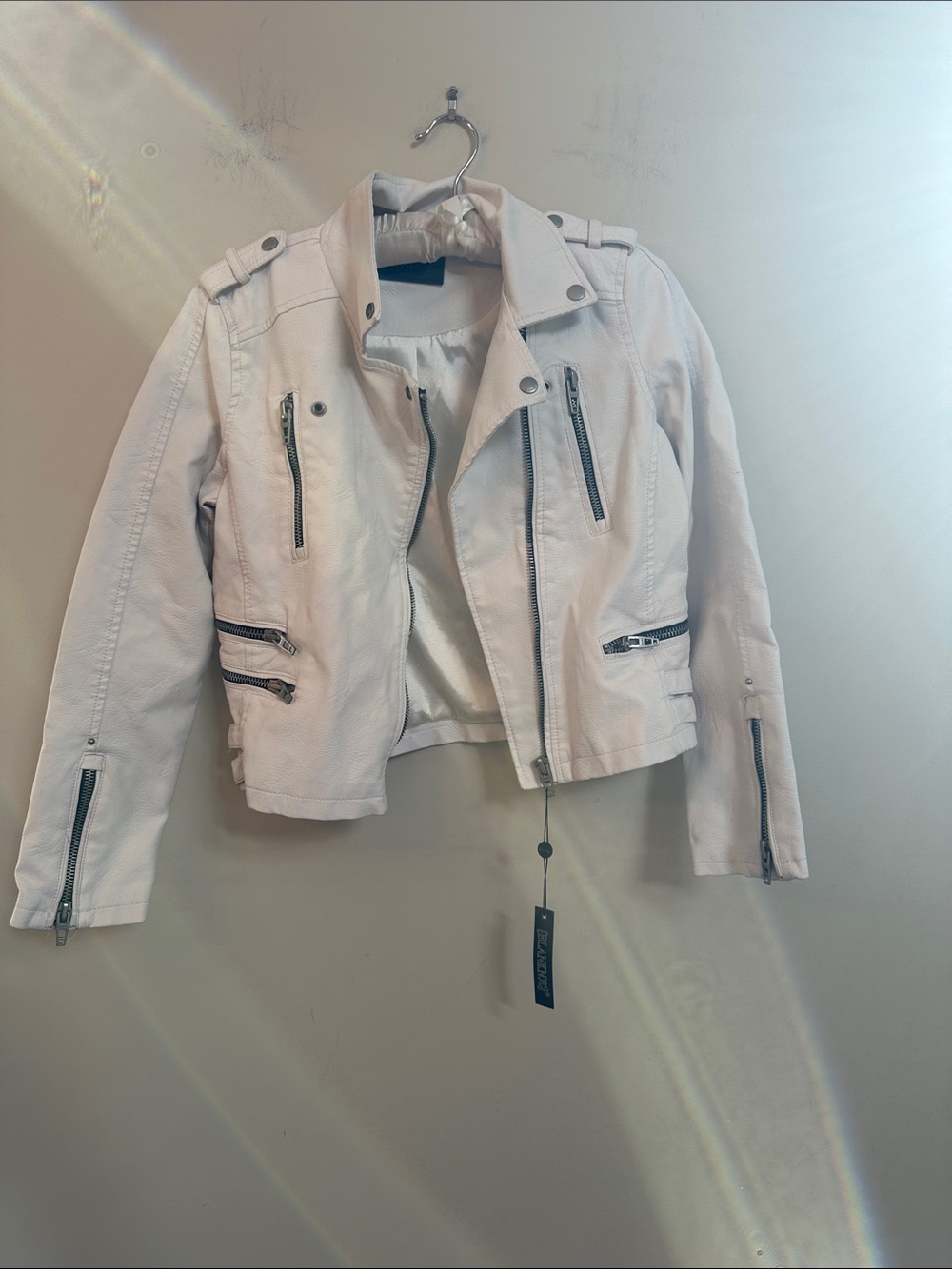 Blank NYC White Faux Leather Moto Jacket with Silver Hardware